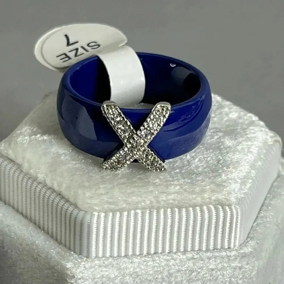 Blue Ceramic Cubic Zirconia Stainless Steel Ring Size 7 - Picture 7 of 10